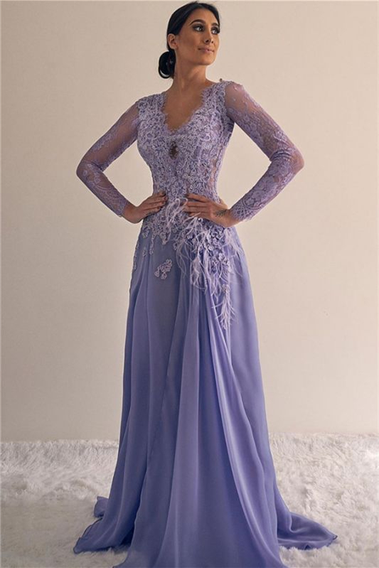 Dresseswow Long Sleeves Long Evening Dress With Lace Appliques Chiffon Party Gowns