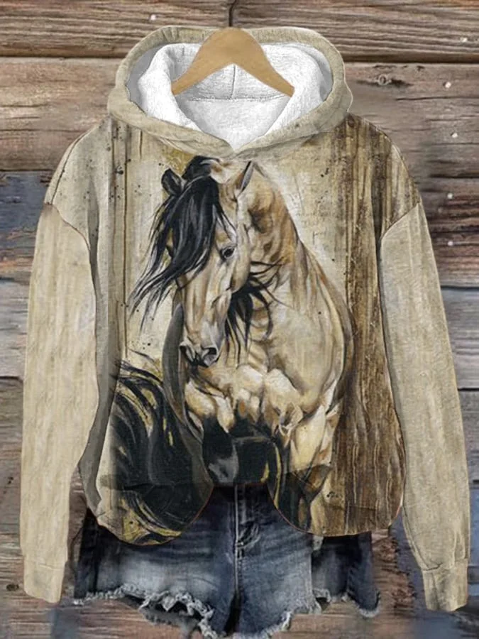 Women's Horse Print Casual Hooded Sweatshirt