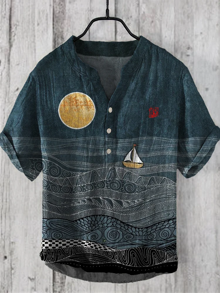 Comstylish Under the Moon Ocean Pattern Linen V-Neck Shirt