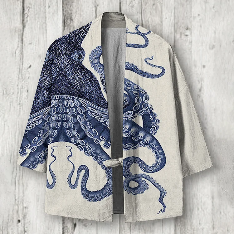 Comstylish Japanese Art Octopus Graphic Printed Linen Blend Kimono