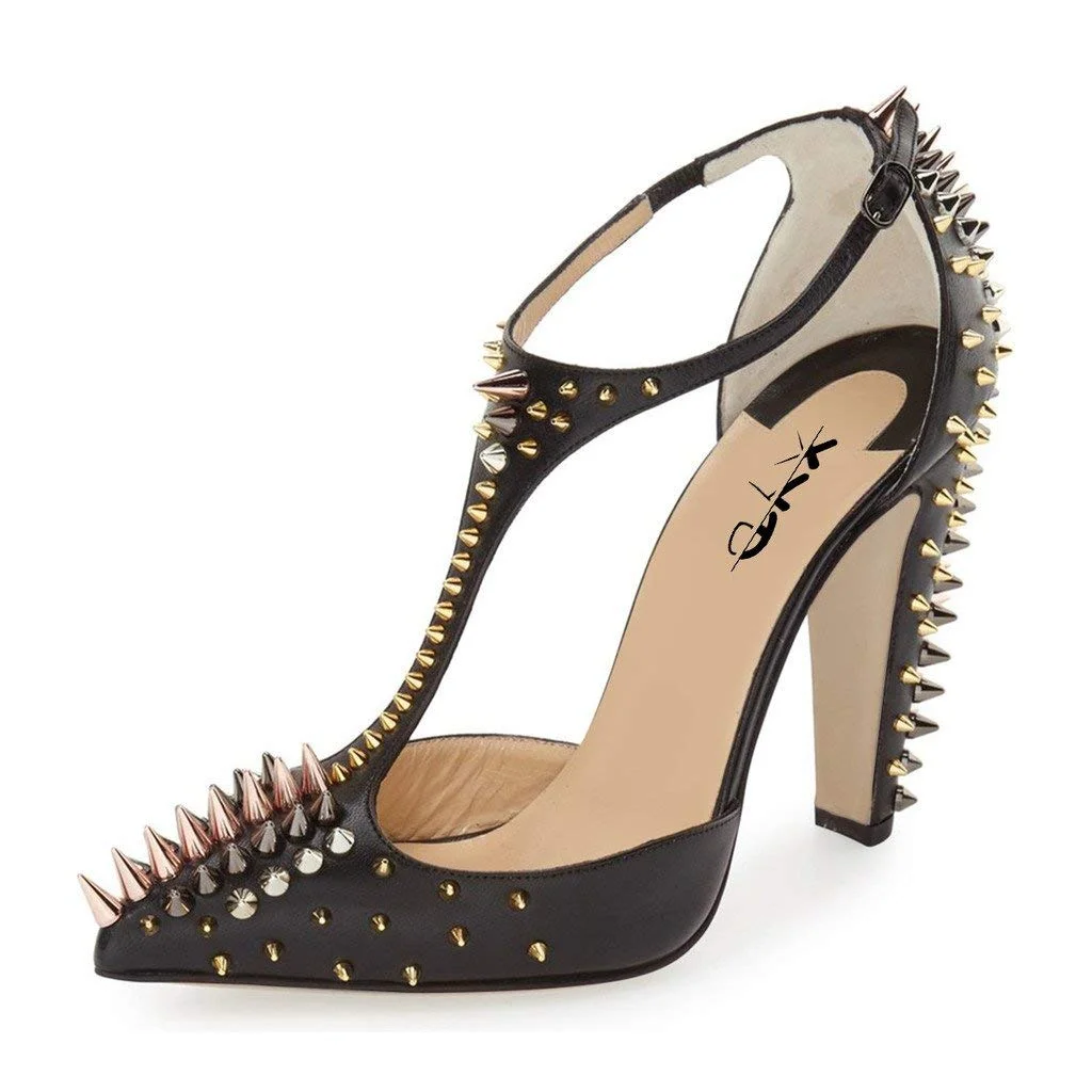 Black  Closed Toe T-Strappy Rivet Sandals With Stiletto Heels Nicepairs