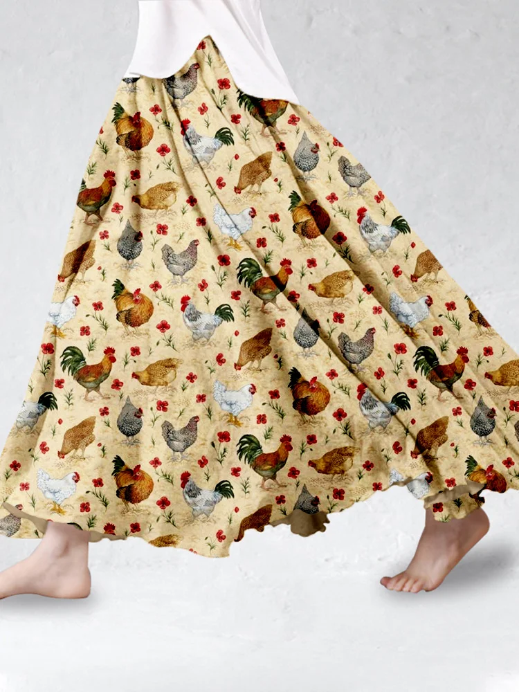 Comstylish Vintage Farm Chicken Pattern Linen Blend Flowy Wide Skirt