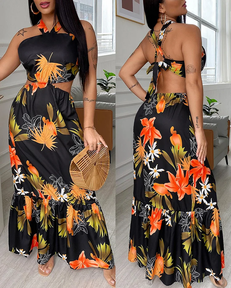 Halter Tied Detail Floral Print Maxi Dress