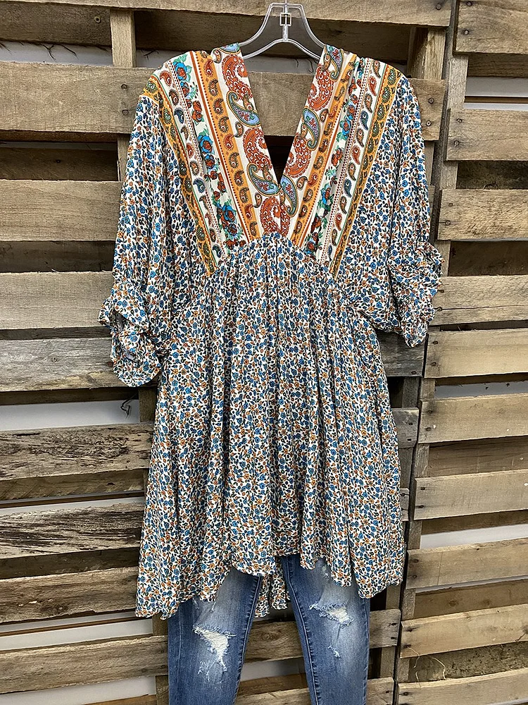 Bestdealfriday Bohemian Floral Ethnic Pattern Deep V Neck Top 8875183