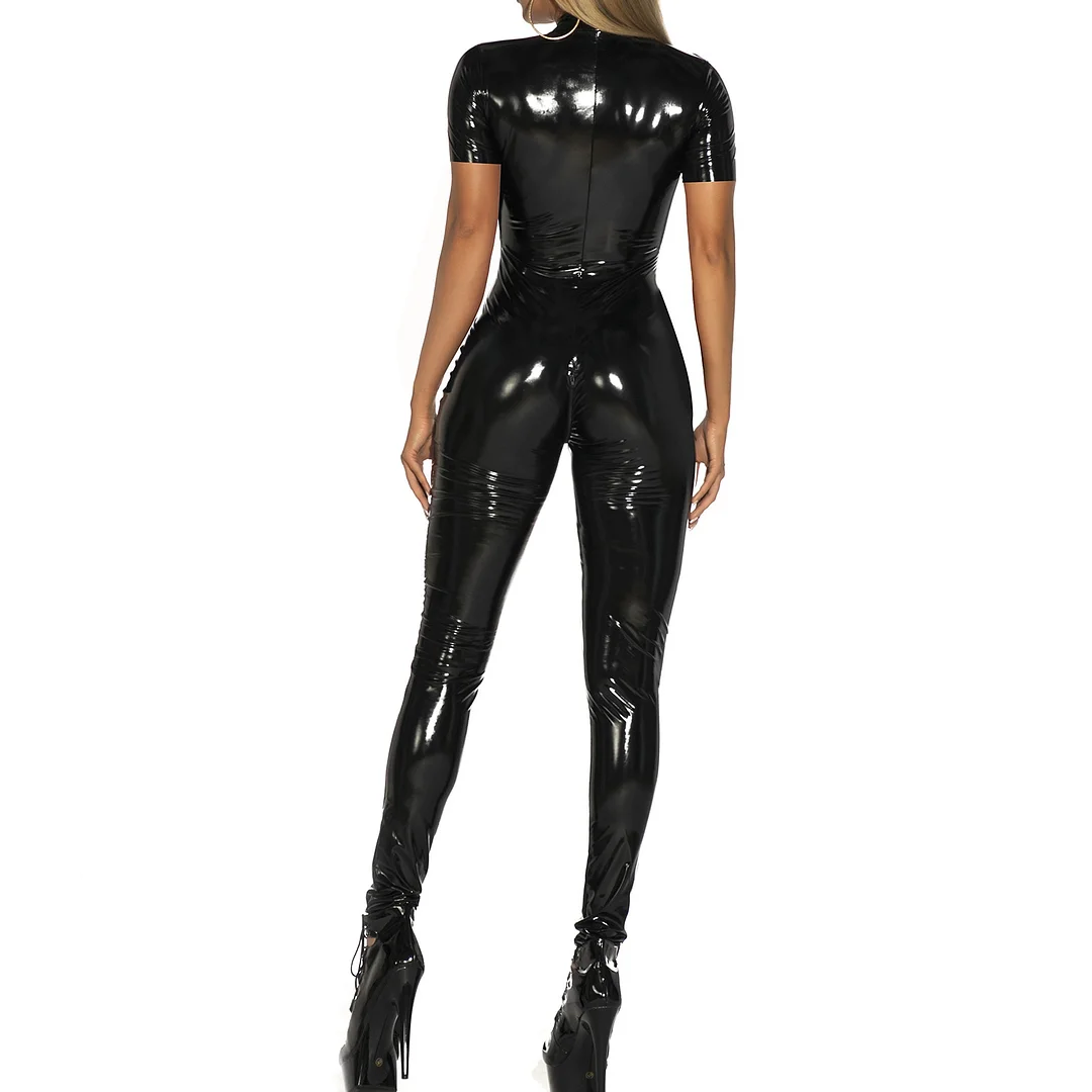 Billionm Womens Lingerie Latex Patent Leather Bodysuit Glossy Mock Neck