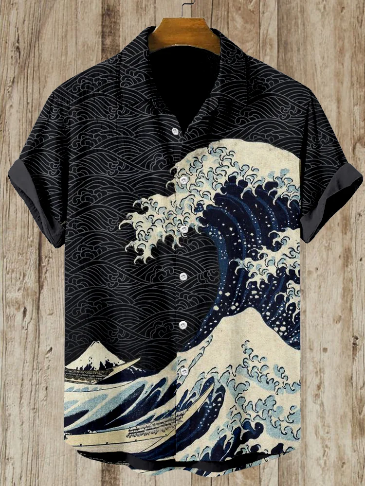 Comstylish Japanese Wave Inspired Short Sleeve Cozy Linen Blend Shirt