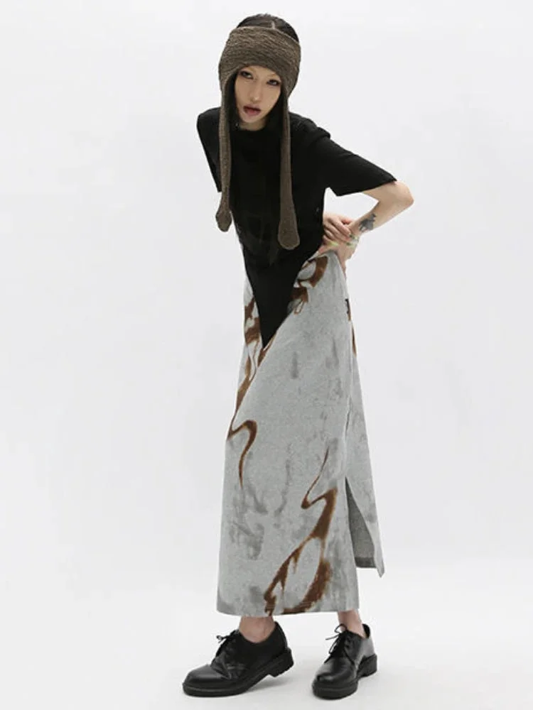 Tlbang Skirts Retro Y2k Straight Cool High Waist Abstract Tie Dye Print Summer Women Split Grunge Trendy Aesthetic
