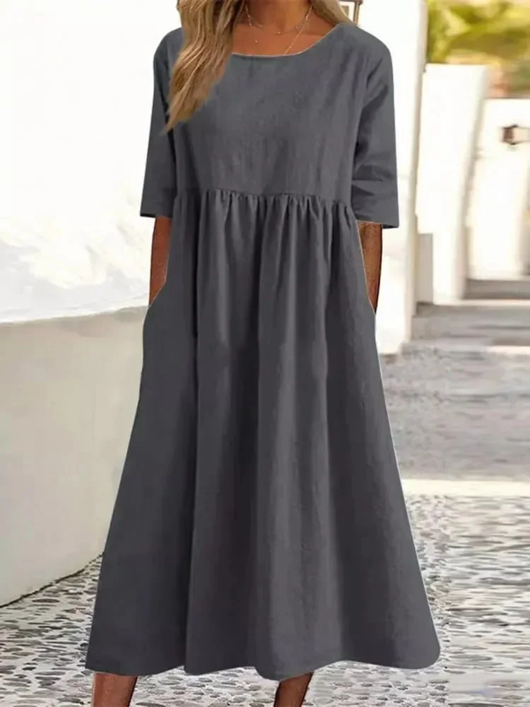 🔥2024 Hot selling - Women's Casual Basic Outdoor Crew Neck Pocket Smocked Cotton Dress