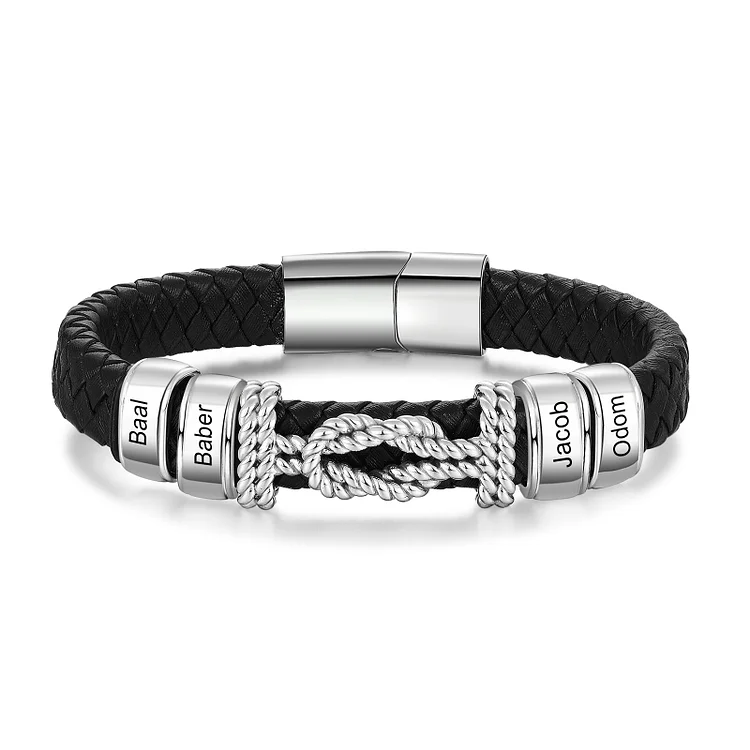 Custom Knot Leather Bracelet Personalized 4 Names Beaded Wrap Bracelet