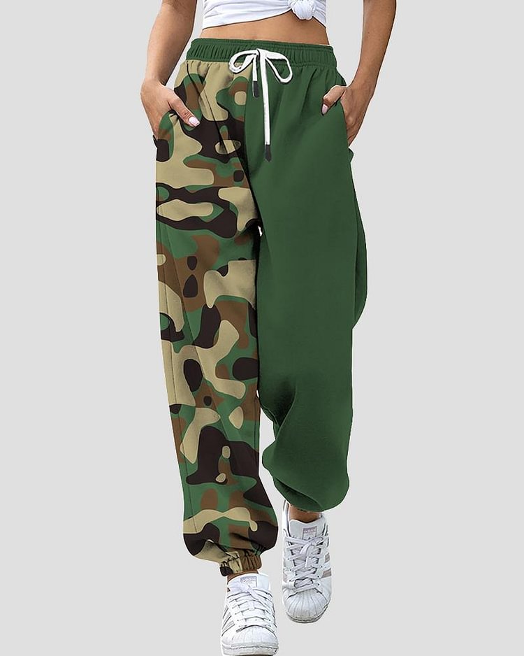 Camo Print Drawstring Waist Dual Pocket Sports Pants For Women - Shop Trendy Women's Clothing | LoverChic
