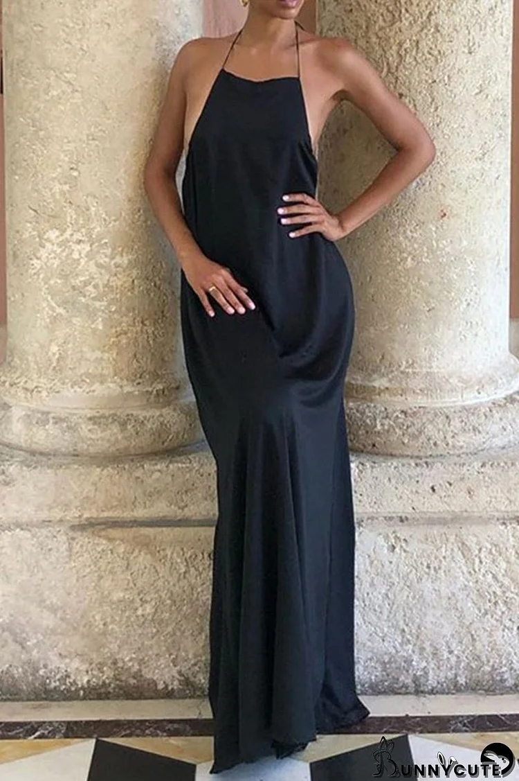 Sexy Elegant Solid Frenulum Backless Asymmetrical Halter Evening Dress Dresses