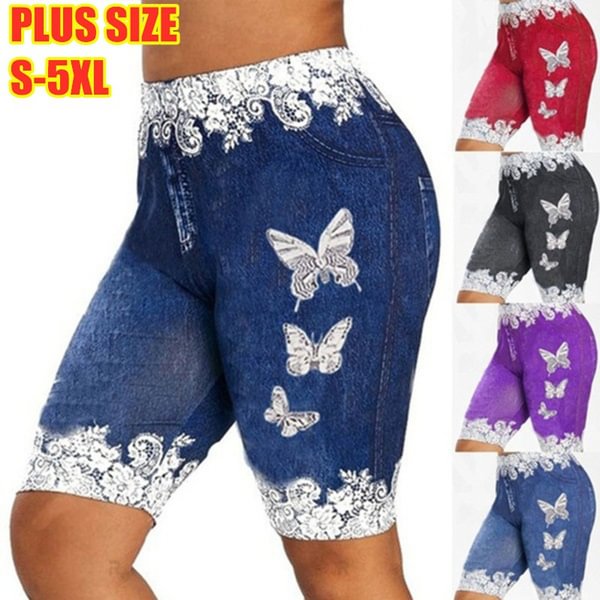 New Arrival Women Fashion Plus Size Skinny Butterfly Print Casual Jeggings Faux Denim Jean Shorts Pants - Life is Beautiful for You - SheChoic