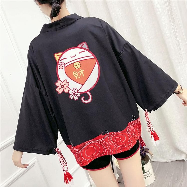 Black/White Sakura Lucky Cat Tassel Kimono Coat SP14269