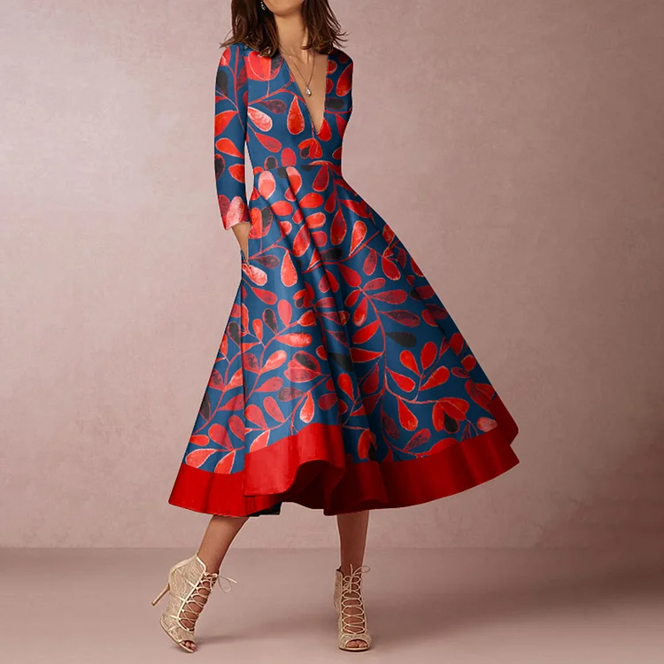 Vefave Elegant Print V-Neck A Swing Midi Dress