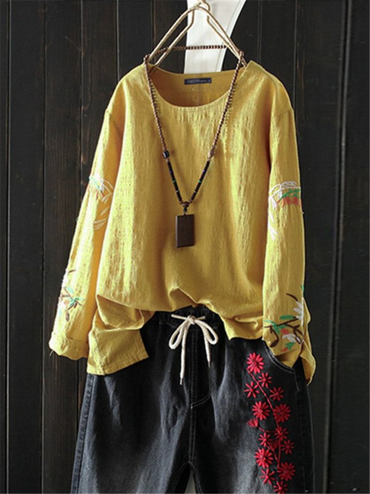 Vintage Embroidery Crew Neck Long Sleeve Blouse P1492985
