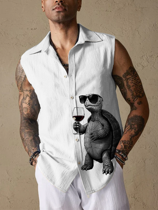 Men's Turtle In Sunglasses Drinking Red Wine Art Print Sleeveless Shirt