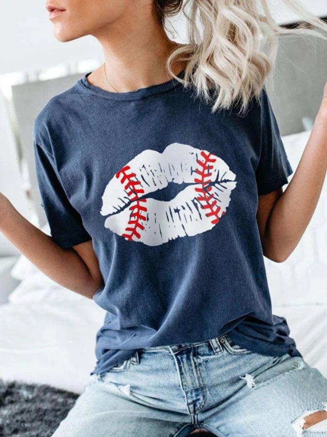 Women's Baseball Lips Print Short Sleeve T-Shirt socialshop
