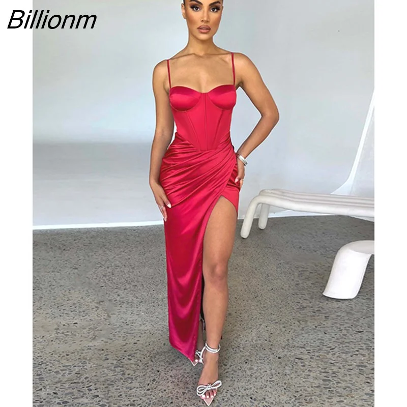 Billionm Elegant Satin Spaghetti Strap High Split Midi Dress For Women Robe 2022 New Backless Ruched Party Long Dresses Vestido