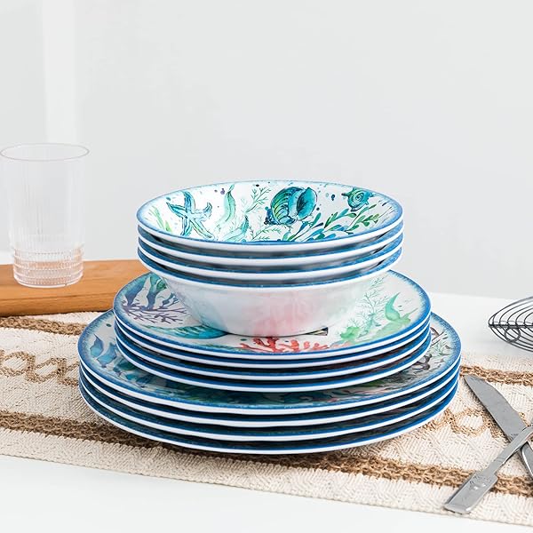 Decor Dinnerware Coastal Dishware Sets 12-Piece Melamine