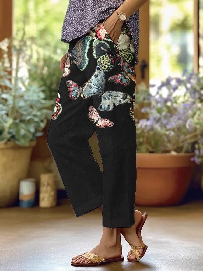Women's Black Butterfly Floral Print Straight Pants socialshop