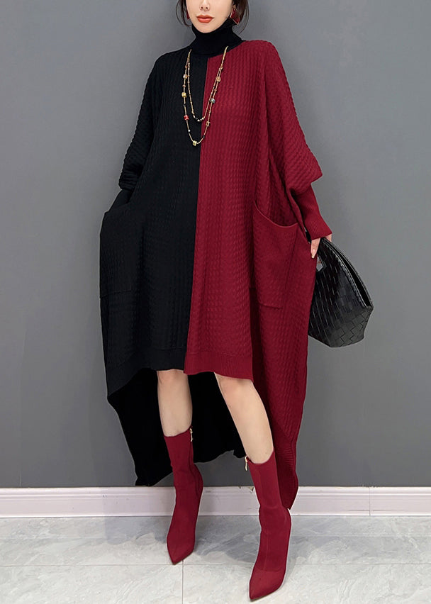 Women Black Knit Patchwork asymmetrical design Fall Knit Dress main image 1