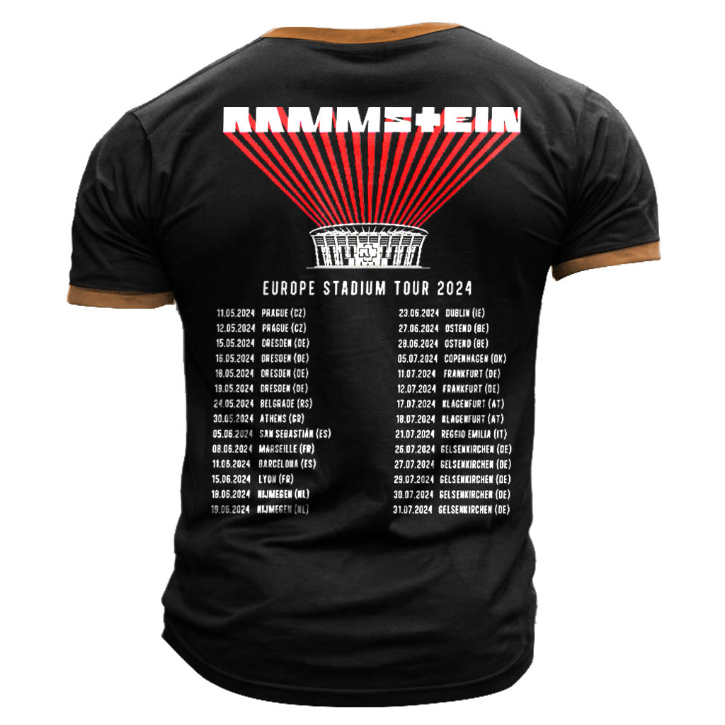 Men's Vintage Rammstein Rock Band Europe Stadium Tour 2024 Color Block Print Henley Short Sleeve T-Shirt / TECHWEAR CLUB / Techwear