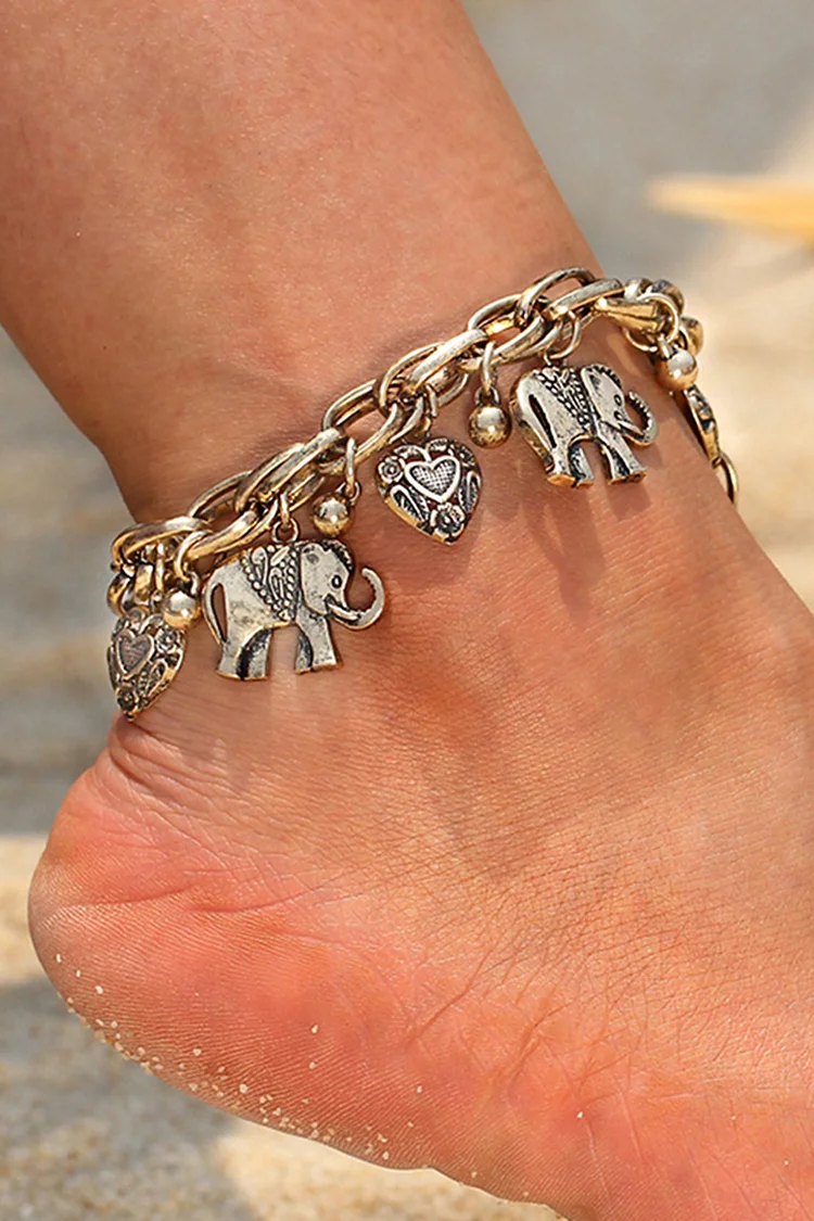 Love Hearts Elephant Metallic Beads Pendant Adjustable Chain Anklet
