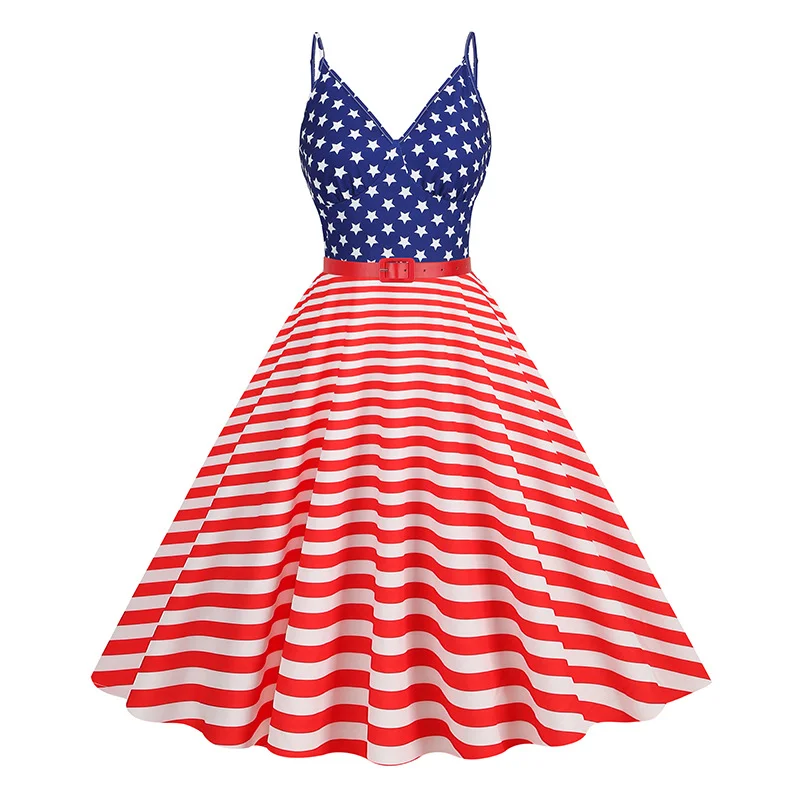 American Flag Stripe Print Vintage Dress