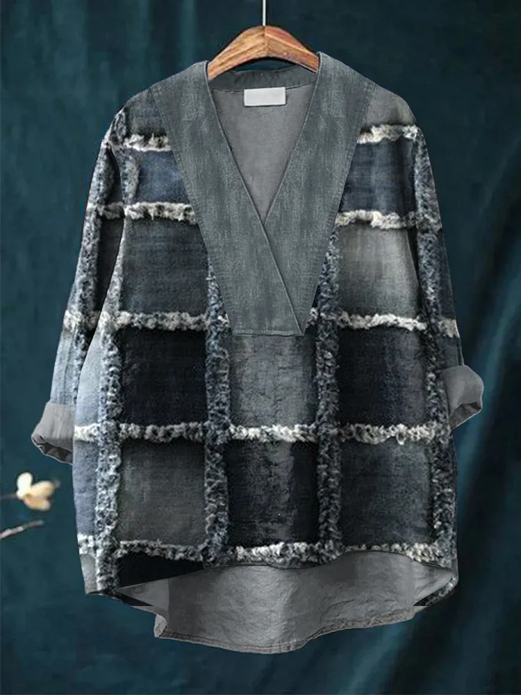 Women's Retro Frayed Distressed Color Block Art Print V Neck Long Sleeve T-Shirt