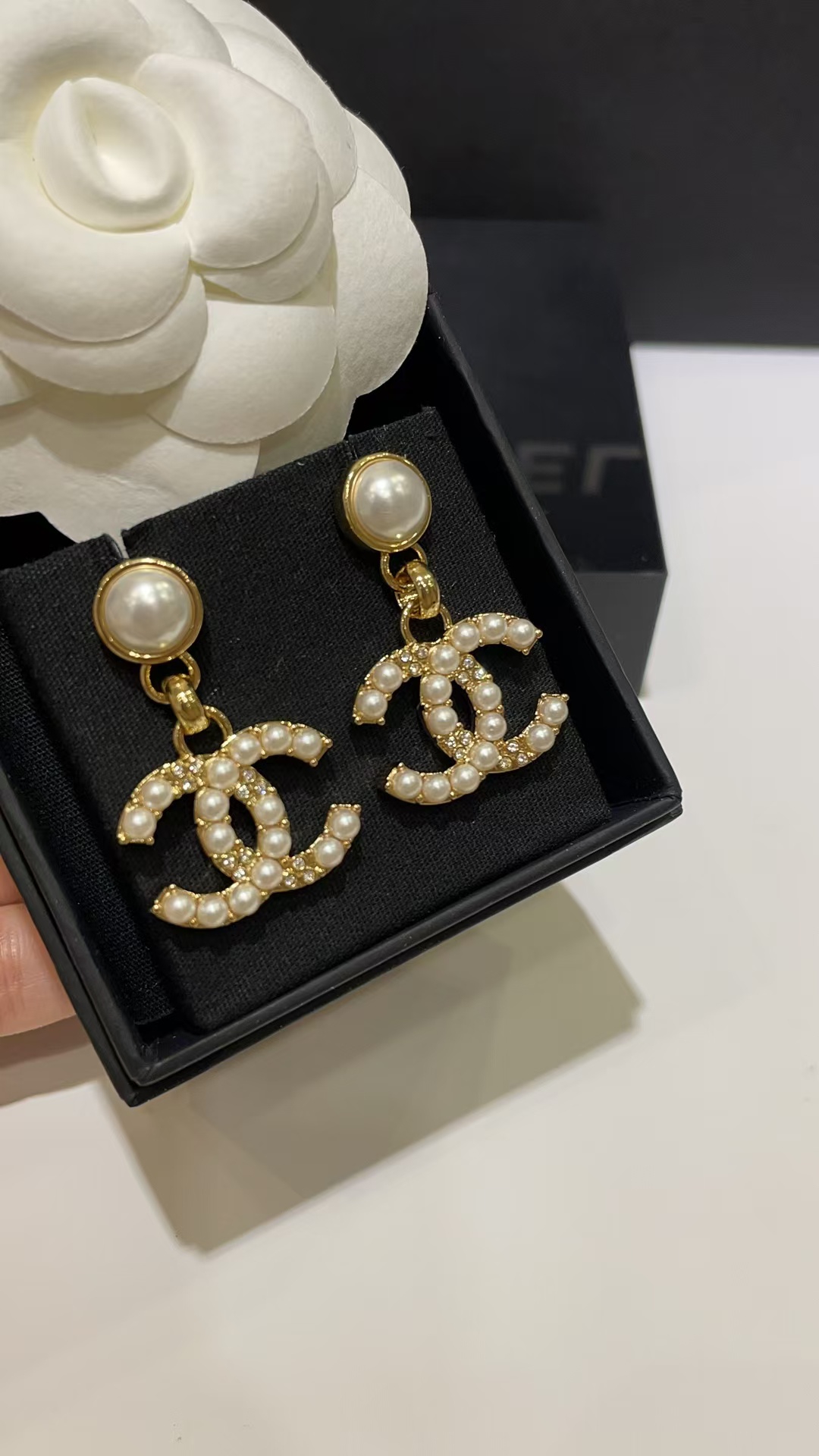 Chanel Pearl Paved Double C Earrings