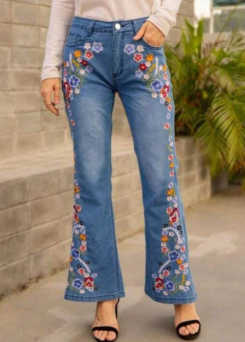 New Blue Embroidered High Waist Denim Flared Trousers Spring