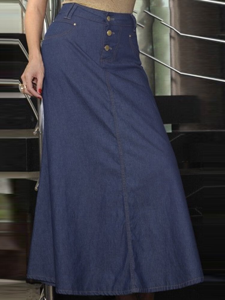 Leisure Button Casual Denim Maxi Skirt
