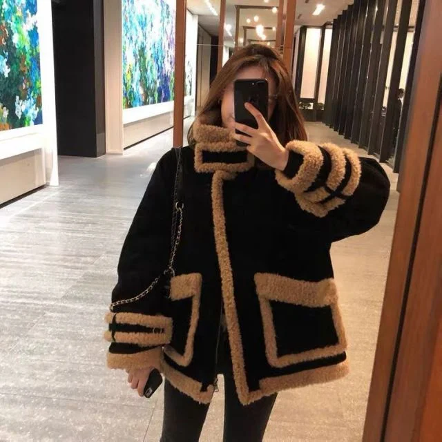 Faux Fur Fluffy Zipper Velcro Stand Collar Black Jacket BE136