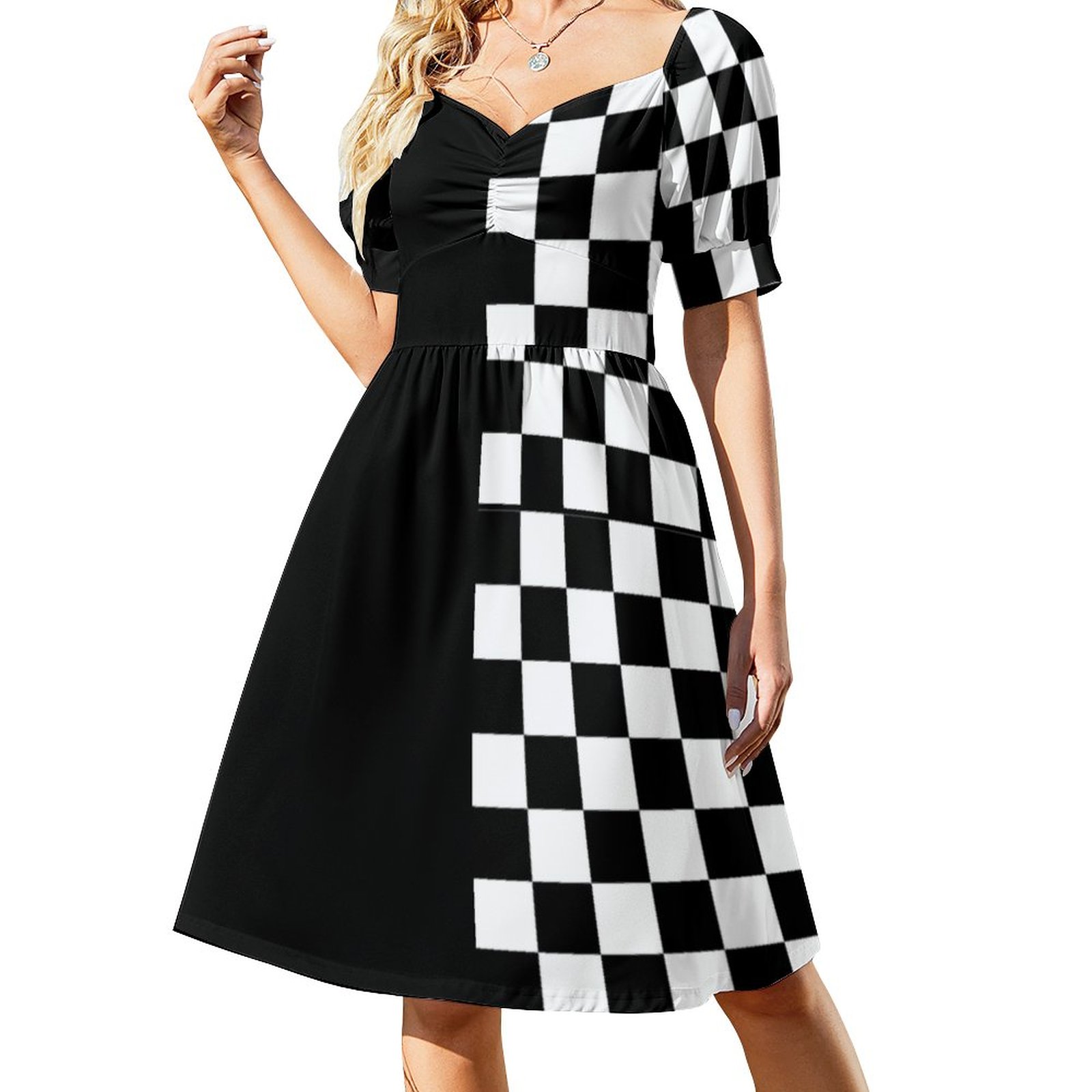 cute checkered dress elegant white black checkered dress bow detail short sleeve