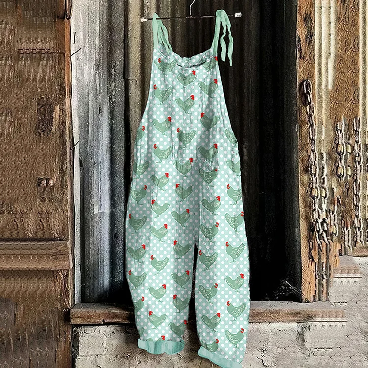 Comstylish Cute Polka Dots Farm Chickens Graphics Linen Blend Casual Jumpsuit
