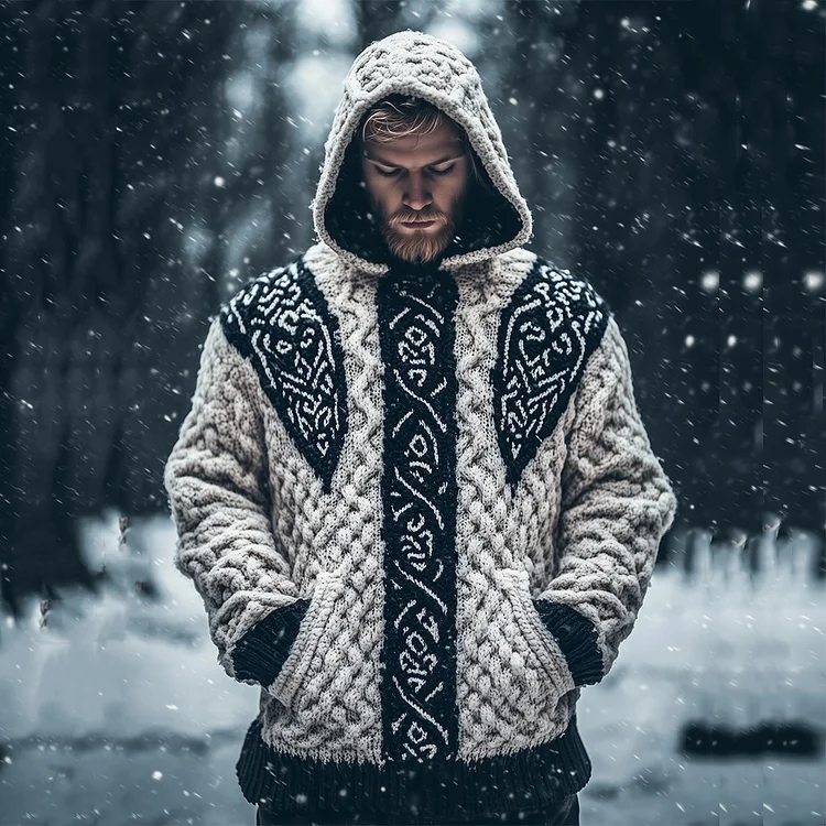 Men's Viking Rune Celtic Knot Contrast Jacquard Crew Neck Sweater