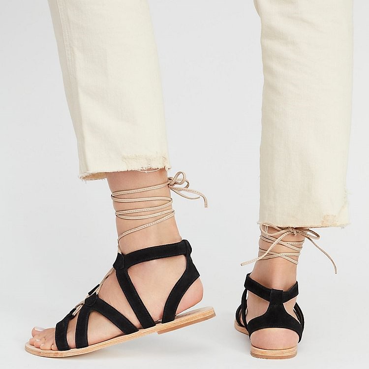 Black Open Toe Gladiator Sandals Lace up Strappy Sandals |FSJ Shoes