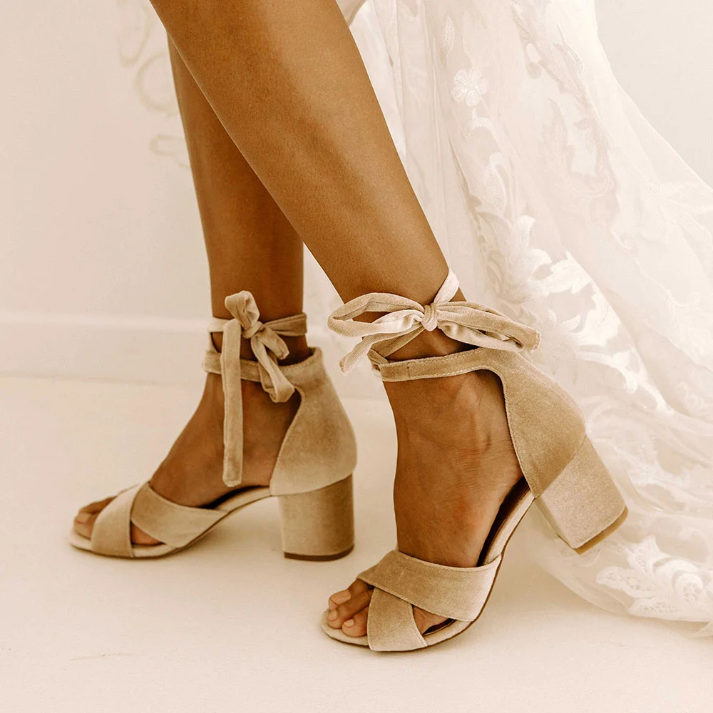Nude Velvet Bridal Shoes Open Toe Cross Strap Block Heel Sandals Nicepairs