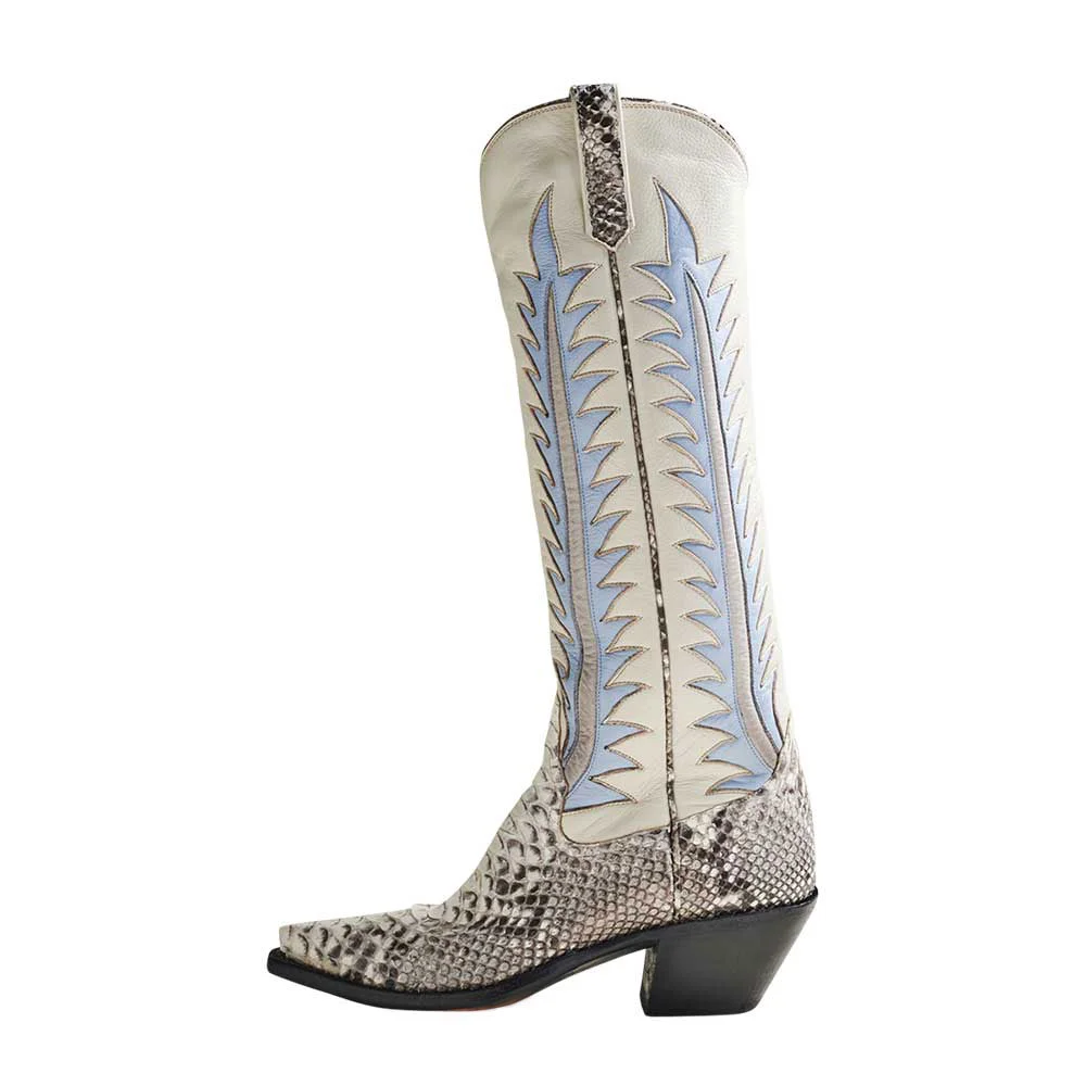 Grey Pointed Toe Python Knee High Cowigrl Boots with Chunky Heels Nicepairs