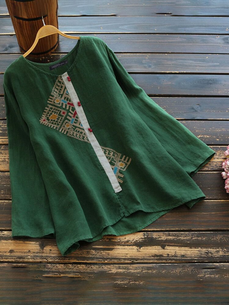 Women Embroidery Patched Long Sleeve Casual Blouse P1691660