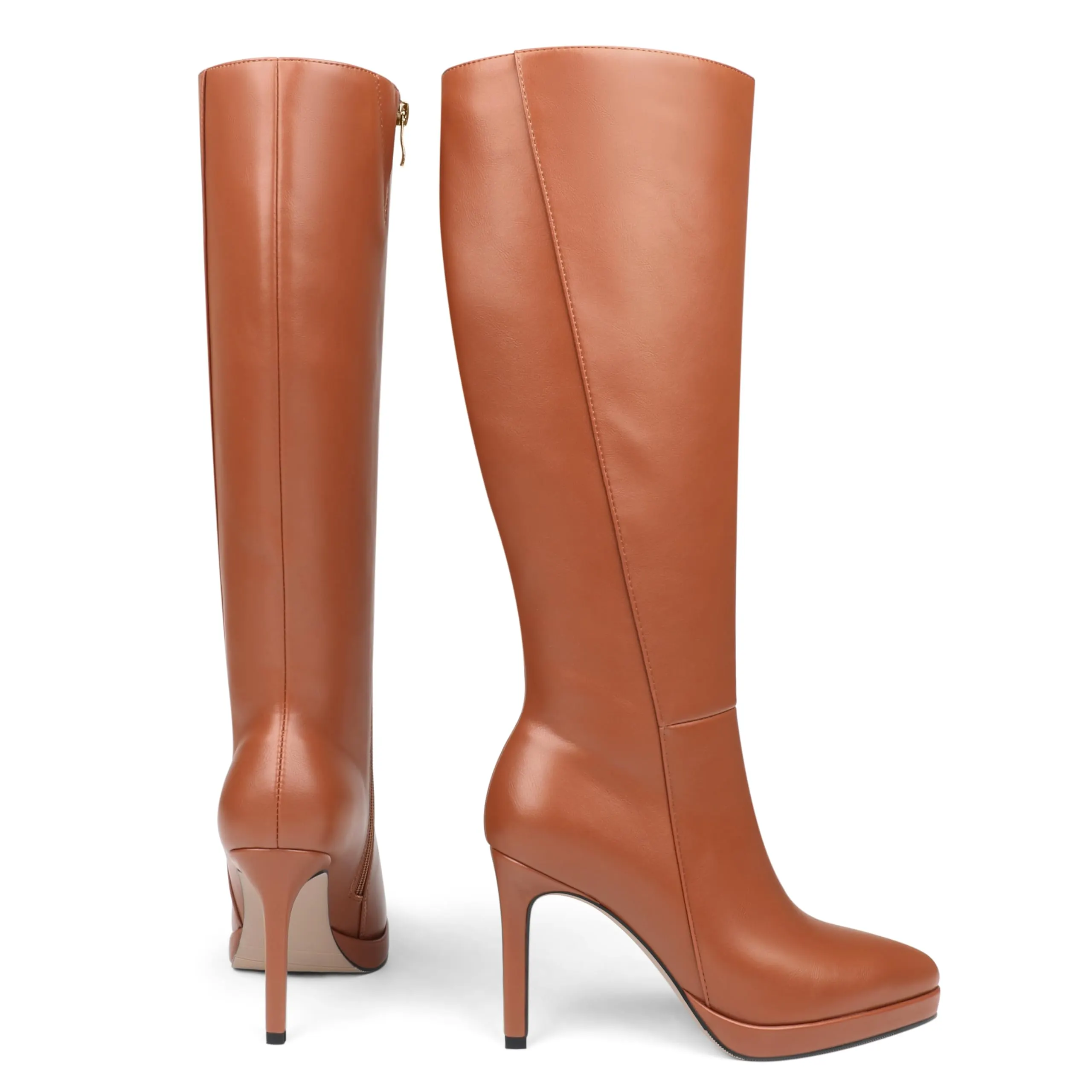 3.74" Platform Knee‑High Boots Pointed Toe Stiletto Heel Tall Leather Boots With Side Zipper-MERUMOTE