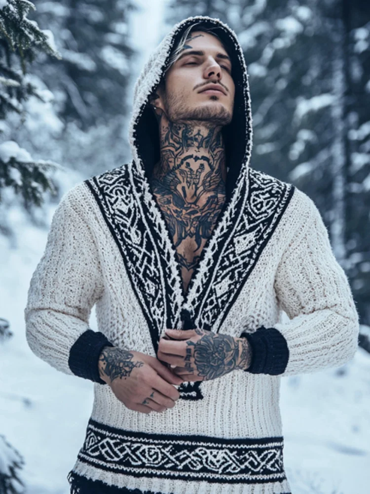 Men's Retro Viking Tribal Celtic Contrast Patchwork Chunky Hooded Sweater