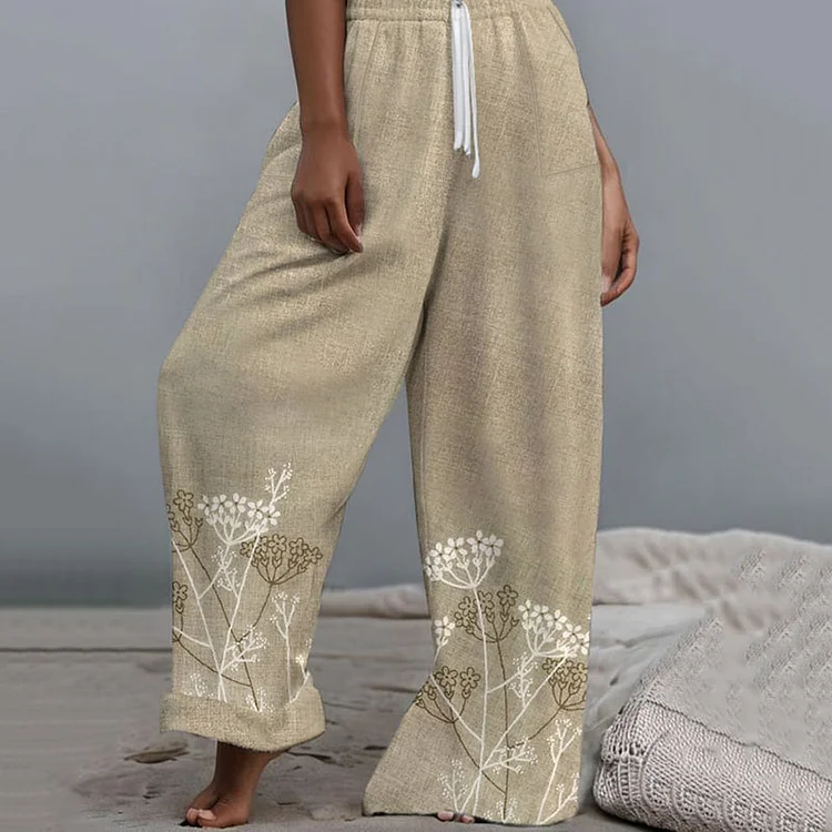 Comstylish Simple Plant Flower Print Linen Loose Casual Pants