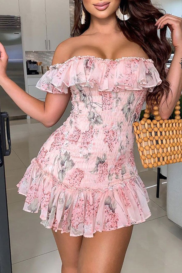 Heart Printed Off-Shoulder Ruffle Mini Dress