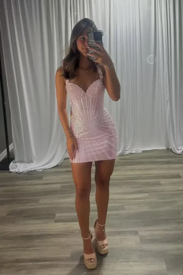 Miabel Sleeveless Pink Sweetheart Wide Straps Beaded Short Homecoming Dress