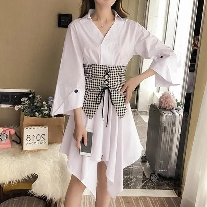 White Grid Corset Blouse Dress SP1812129