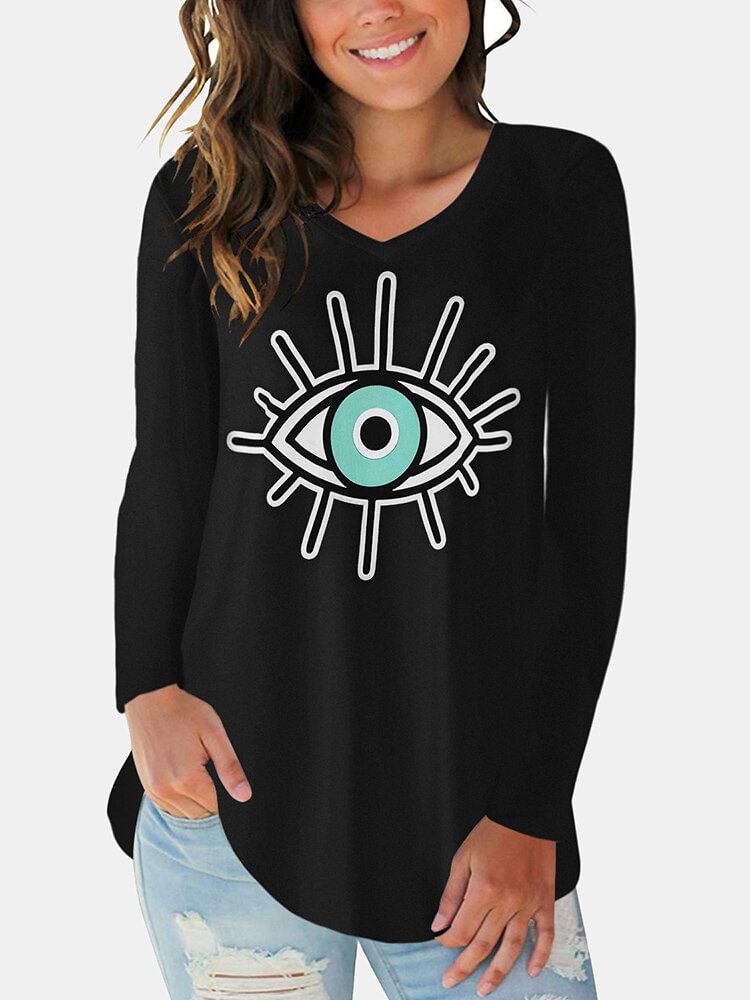 Cartoon Eye Printed Long Sleeve V neck T shirt For Women P1748131