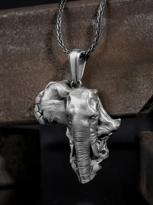 Men's Retro Punk African Elephant Head Pendant Necklace