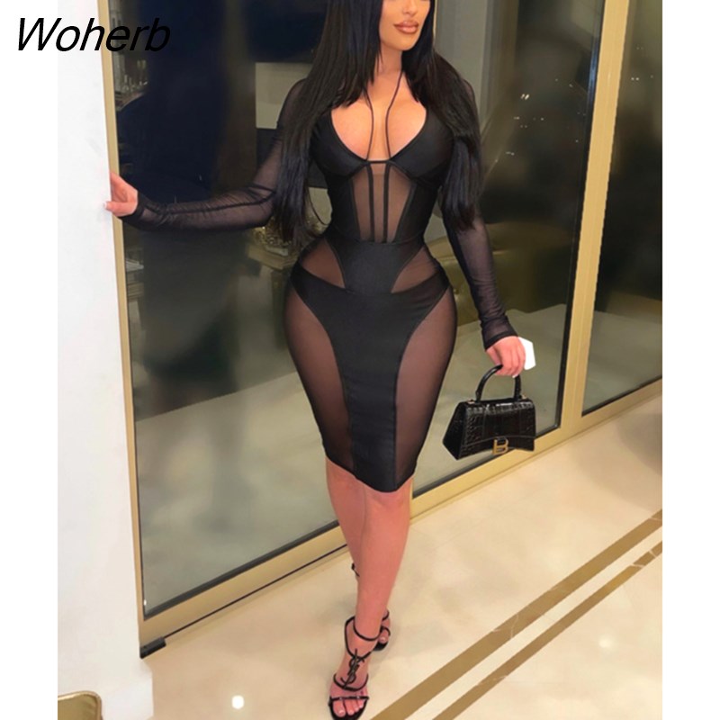 Woherb Women Mesh Patchwork See Though Long Sleeve V Neck Bodycon Midi