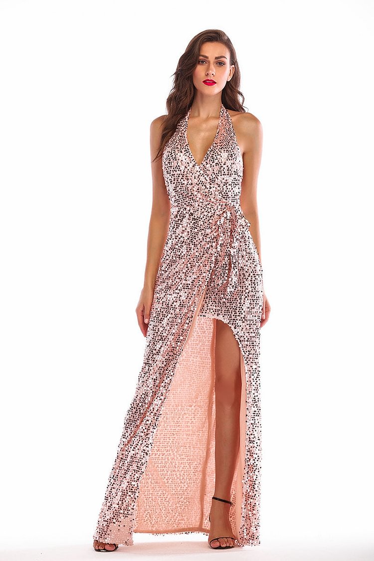 Brilliant V-neck Slit Backless Halter Sequin Prom Dress - Life is Beautiful for You - SheChoic